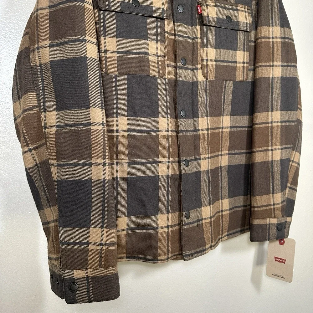 Levi's Quilted Lined Snap Flannel Shacket Adult Small Brown Beige‎ Plaid Jacket